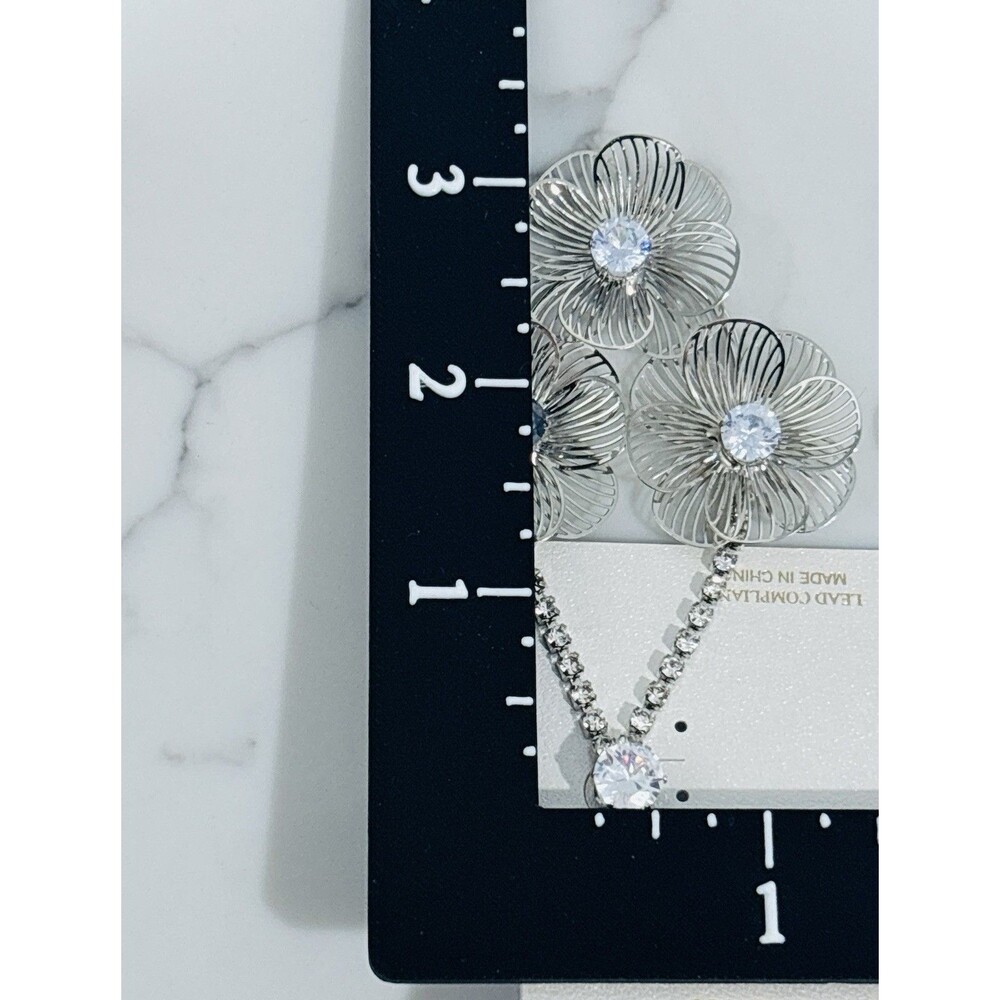Natasha Silver Tone Wire Floral Rhinestone Statement Earrings NWT - Picture 4 of 9